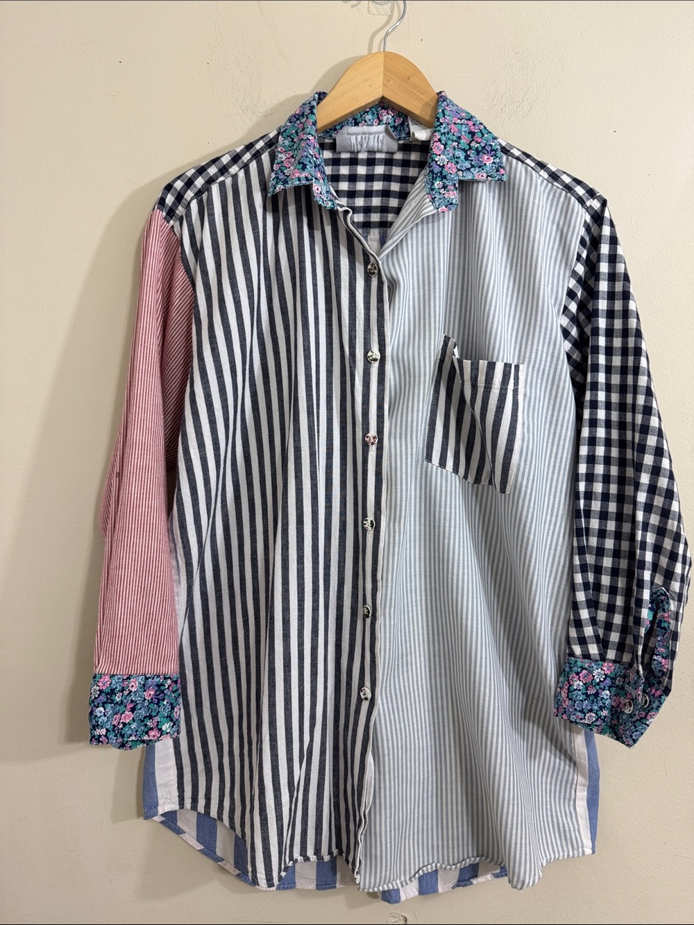 VTG Womens Patchwork Cotton Button-Up Shirt 3/4 Sleeve size M Cottagecore Casual